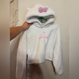 Forever 21 White Sherpa Hello Kitty Crop TopHooded Pullover with Pink Embroidery
